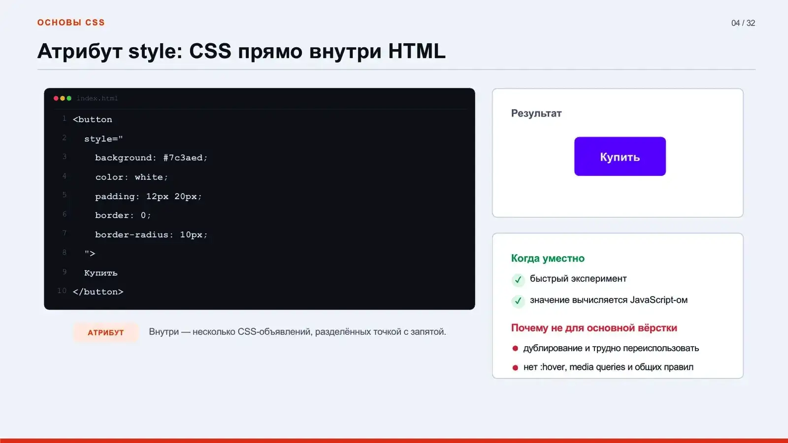 Атрибут style: CSS прямо внутри HTML