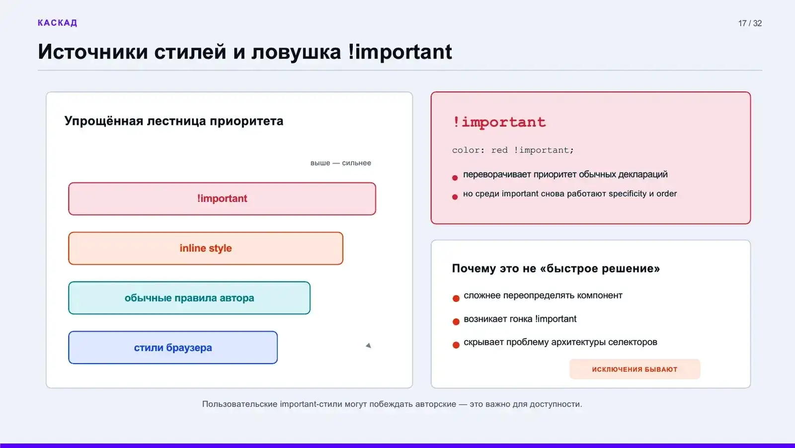 Источники стилей и ловушка !important