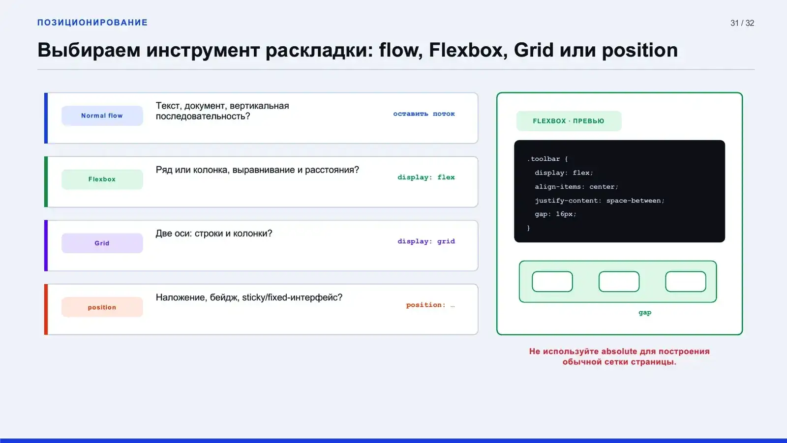 Выбираем инструмент раскладки: flow, Flexbox, Grid или position